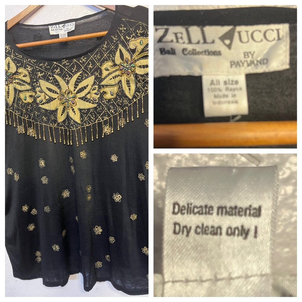 VTG Zell Ucci Bali Collection Top All Size Black & Gold Floral Beed's Party Off - Picture 5 of 8